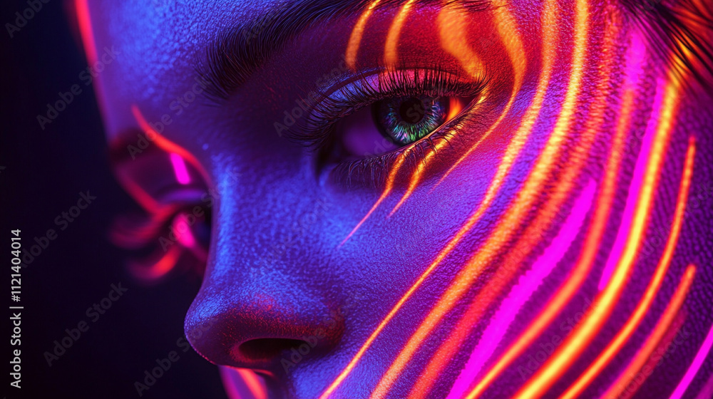 Poster colorful neon patterns highlight the contours of a model's face in a creative portrait session