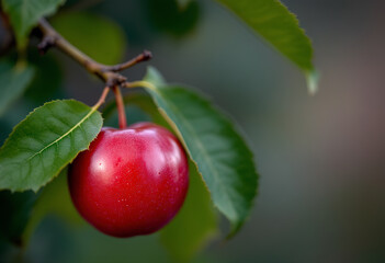 A ripe, red plum with green leaves attached