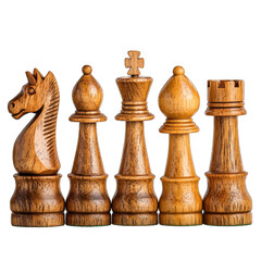 Wooden chess pieces including knight, pawn, bishop, queen, and rook isolated on transparent background png