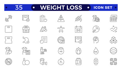 Weight Loss icon set. Containing healthy lifestyle, weight training, body care and workout or exercise equipment icons.