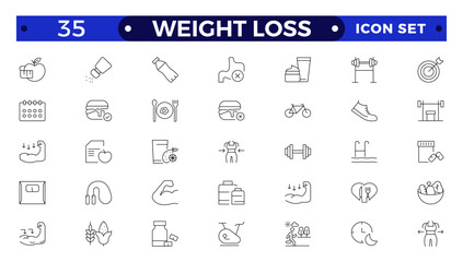 Weight Loss icon set. Containing healthy lifestyle, weight training, body care and workout or exercise equipment icons.