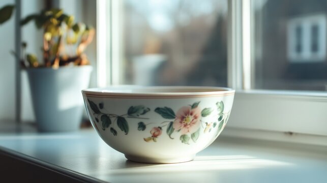 Sunlight bathes a delicate floral bowl resting on a windowsill, its intricate design blooming with life amidst the tranquil ambiance of a quiet room.