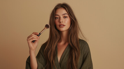 Obraz premium Elegant Woman Holding Makeup Brush in Minimalist Studio Portrait