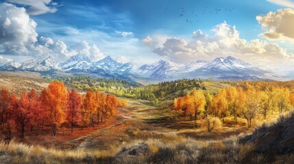 Autumn Landscape with Mountains and Blue Sky