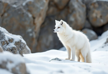 A white arctic fox standing in the snow, with a rocky background
