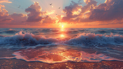 Ocean Waves at Sunset on Tropical Beach
