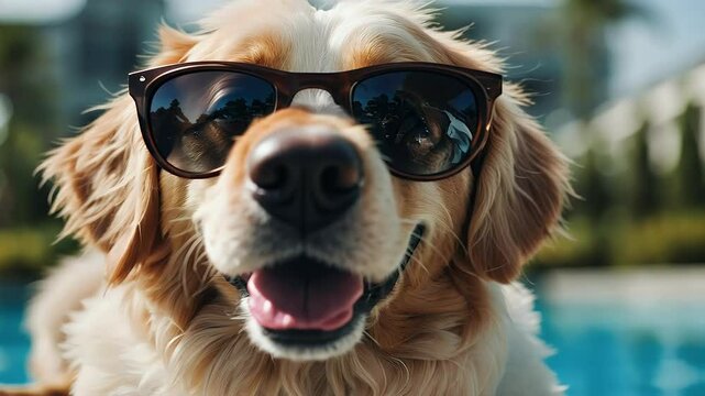 funny video dog sunglasses summer swimming pool eyewear goggles sun tanning 4k cation animal border collie female fun lady leisure pet poolside portrait  