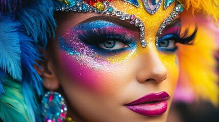 Naklejka premium Festive celebration with colorful makeup and vibrant costume in a lively outdoor setting