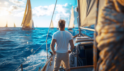 Fit man in his mid-30s, wearing white t-shirt, standing on sailboat deck enjoying a sea. Vibrant blue ocean and sailboats in background, sunlit atmosphere, embodying freedom, adventure, summer vibes.