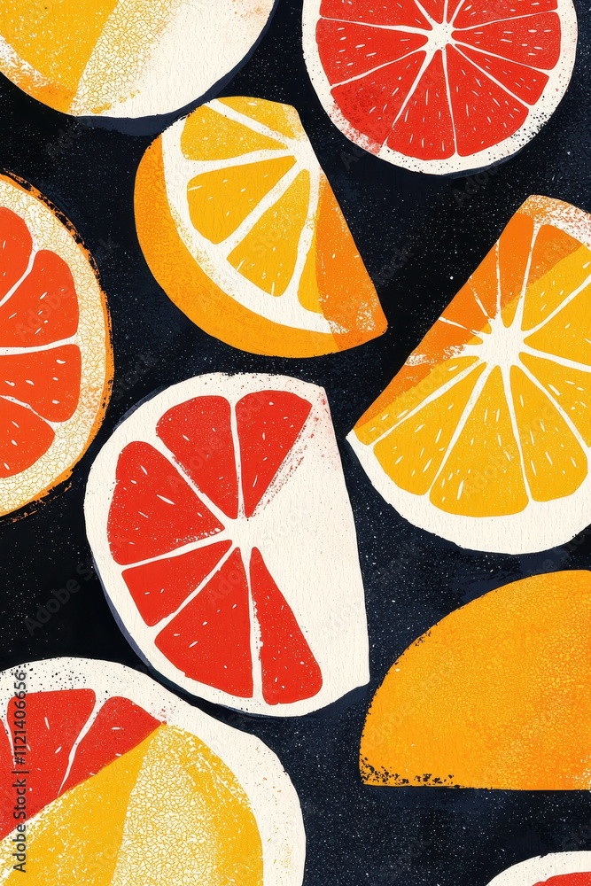 Poster vibrant citrus slice pattern with deep blue background