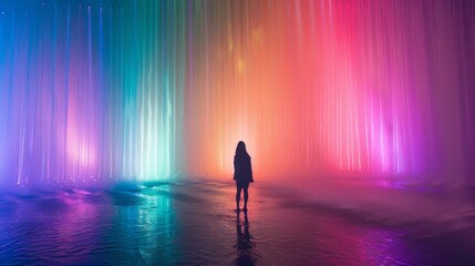 A lone figure stands in awe as cascading rainbow lights create an ethereal atmosphere, blending dreams with reality.