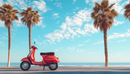 Retro-toned scene with a classic red Scooter parked on Italian street near wide sandy beach lined with palm trees. Golden late-afternoon sunlight casts soft shadows, creating warm nostalgic vibes