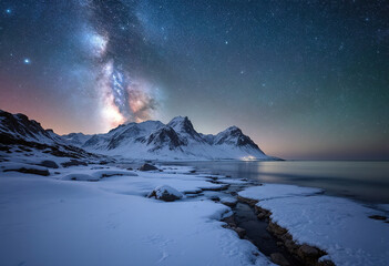 Milky Way above frozen sea coast and snow covered mountains in winter at night