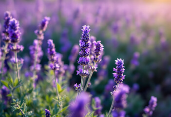 Naklejka premium Purple lavender flowers in a field, with green foliage in the foreground and a blurred background