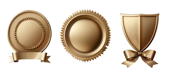 Three golden award medals and shield with ribbons.