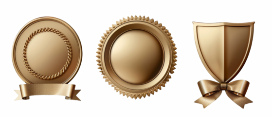 Three golden award medals and shield with ribbons.