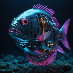 A digital illustration of a robotic fish with neon lights.