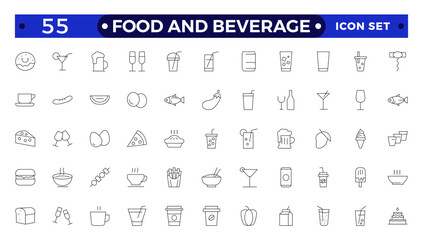 Food and Beverage outline icon set. Containing fork, spoon, knife, plate, cloche, tray, chef hat, beverage, food, dining table, and waiter. Cutlery or tableware in restaurant.
