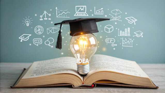 Education learning and Idea knowledge concepts innovative technology, science, and mathematics in school or university. Graduation cap with a lightbulb on the book and icon learning in the classroom.