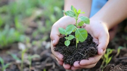 Planting a seedling in a garden hands-on action nature close-up perspective growth concept