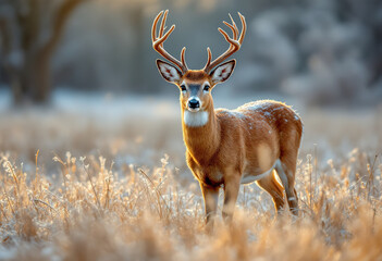 Young red deer buck standing in the frosted grass on an early cold winter morning