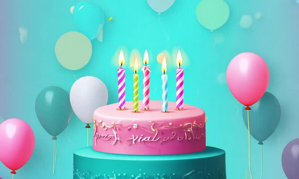 birthday cake with candles and balloons