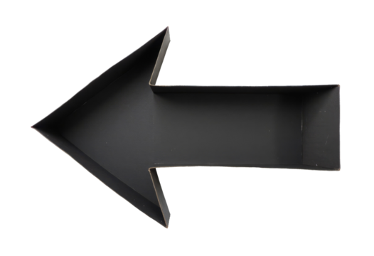 Black arrow shaped cardboard pointing left, transparent isolated png