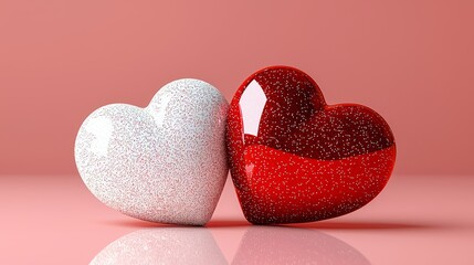 Fototapeta premium Valentine's Day Celebration with Red and White Glitter Hearts Festive Decor Romantic Atmosphere Close-Up View for Love Storytelling