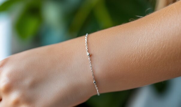 Delicate silver bracelet on a woman's wrist.