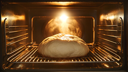 Baking bread with dough rising inside an open oven