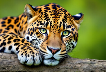 Obraz premium A close-up of a jaguar with its head resting on a branch. The jaguar has a distinctive spotted coat pattern and intense eyes, and is set against a vibrant green background