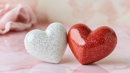Obraz premium Valentine's Day Heart Decorations Home Decorative Objects Romantic Atmosphere Close-Up Celebrating Love with Red and White Hearts