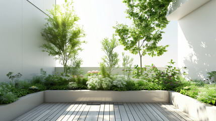 A tranquil urban Modern minimalistic garden featuring lush plants and a wooden deck , mockup 3d render exterior