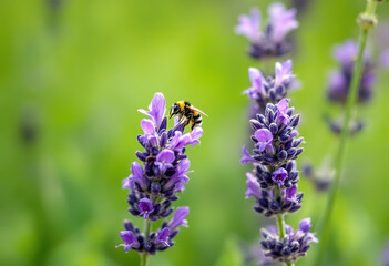 A close-up of purple lavender flowers with a bee pollinating them, against a blurred green background