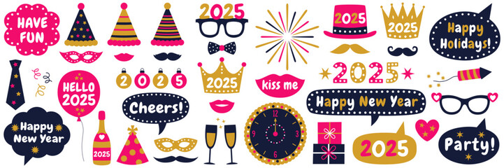 New Year 2025 vector party photo booth props and design elements set with hats, glasses, mustaches, lips, speech bubbles, fireworks © lattesmile