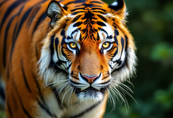 Fototapeta premium A close-up portrait of a Siberian tiger with striking orange and black striped fur, piercing yellow eyes, and a powerful expression against a blurred green natural background
