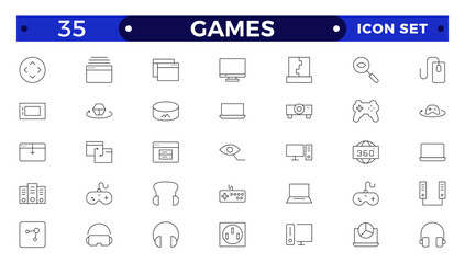 Games outline icon set. Gaming icon elements containing points and life bars, console, player, chess, multiplayer, casino and mobile game icons.video games, gaming, technology, gadget, esport.