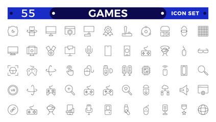 Games outline icon set. Gaming icon elements containing points and life bars, console, player, chess, multiplayer, casino and mobile game icons.video games, gaming, technology, gadget, esport.