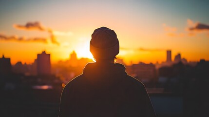 Silhouetted young man gazing at a vibrant sunset over the city skyline.