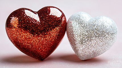 Fototapeta premium Valentine Celebration with Red and Silver Glitter Hearts Romantic Decor Festive Atmosphere Close-Up View Love Concept