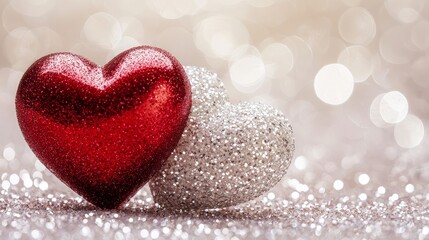 Fototapeta premium Valentine's Day Celebration with Red and Silver Glitter Hearts Festive Atmosphere Close-Up View Romantic Concept
