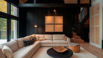 Farmhouse, country style home interior design of modern living room. Rustic style living area with beige sofa, black wall paneling, and organic wood artwork .