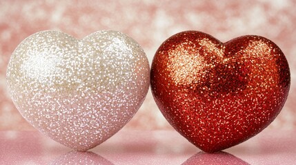 Fototapeta premium Valentine's Day Celebration with Glittery Red and White Hearts Romantic Decor Indoor Setting Festive Atmosphere Love Concept