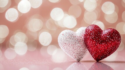 Obraz premium Valentine's Day Celebration Romantic Setting Glittery Hearts Soft Background Close-Up Viewpoint Love Concept for SEO Impact
