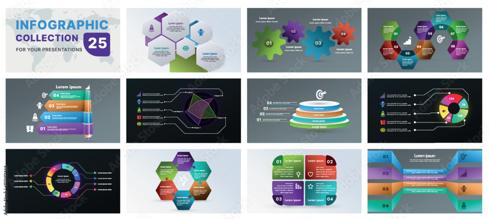 Poster a comprehensive infographic set with modern design elements, including charts, flowcharts, and icons