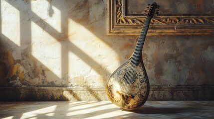 A beautifully crafted lute rests against an ornate wall, bathed in warm, nostalgic sunlight.