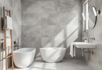 A modern bathroom with a white bathtub, gray tile walls, and a white sink with a towel rack