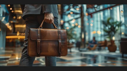 A man in business attire, holding a stylish leather briefcase against a modern office backdrop 