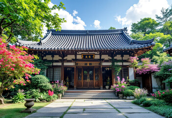 Naklejka premium A traditional Japanese house with a tiled roof and ornate architectural details, surrounded by lush greenery and colorful flowers