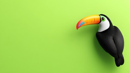 A colorful toucan against a vibrant green background.